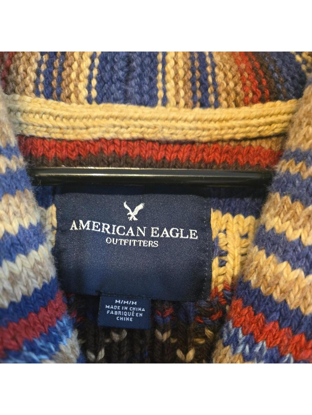 American Eagle Mens Heavy Knit Sweater southwestern Aztec Cottonwool Blend shawl - Picture 6 of 8